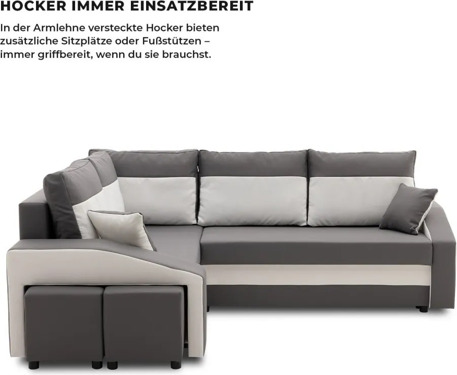 Grande sarokkanapé polcokkal és puffokkal , polc a jobb karfaban puffok a bal karfaban, baloldali, szövet anyag, bonell töltet, szürke - fehér