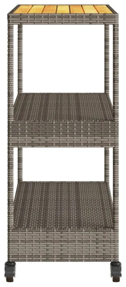 3 szintes szürke polyrattan és tömör akácfa zsúrkocsi