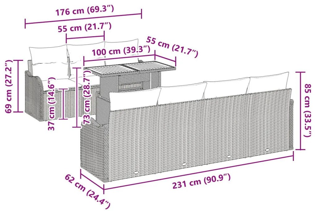8 részes kerti kanapé párnákkal bézs poly rattan akácfa, 2 üléses kerti kanapé párnákkal bézs poly rattan