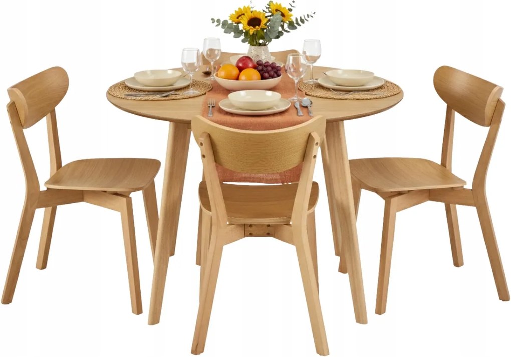 Étkező Szett Kerek Asztal 4 székkel tömör tölgy furnér 105x76cm