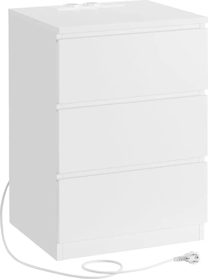 Éjjeliszekrény, oldalasztal 3 fiókkal, 2 AC aljzattal és 2 USB porttal, fehér