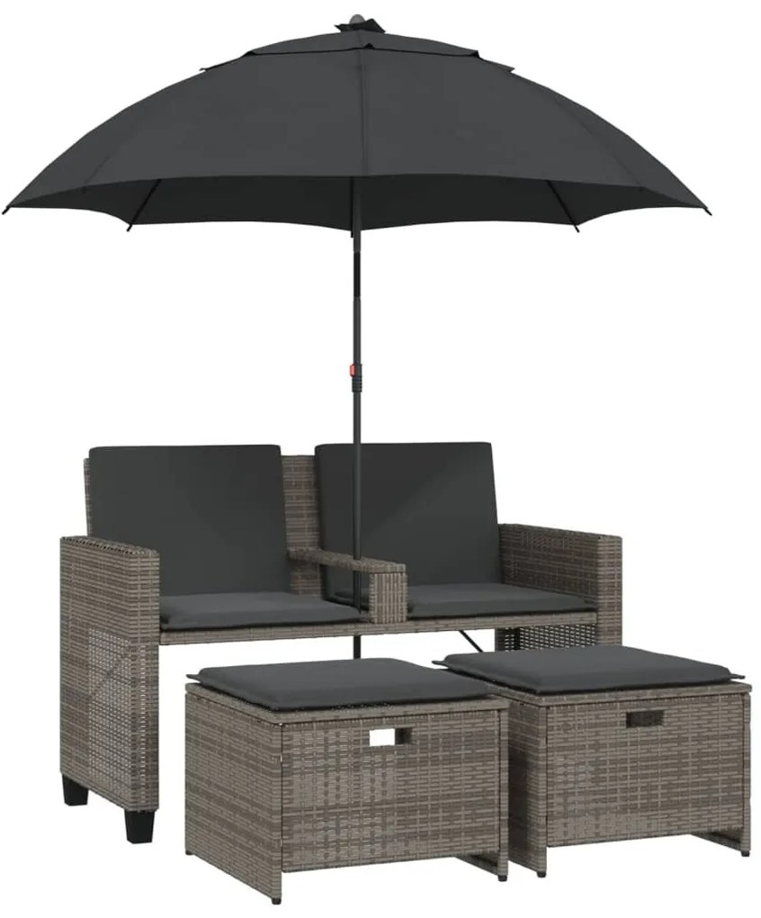 2 személyes szürke polyrattan kerti kanapé napernyővel/székkel