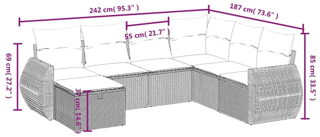 7 részes szürke polyrattan kerti ülőgarnitúra párnákkal