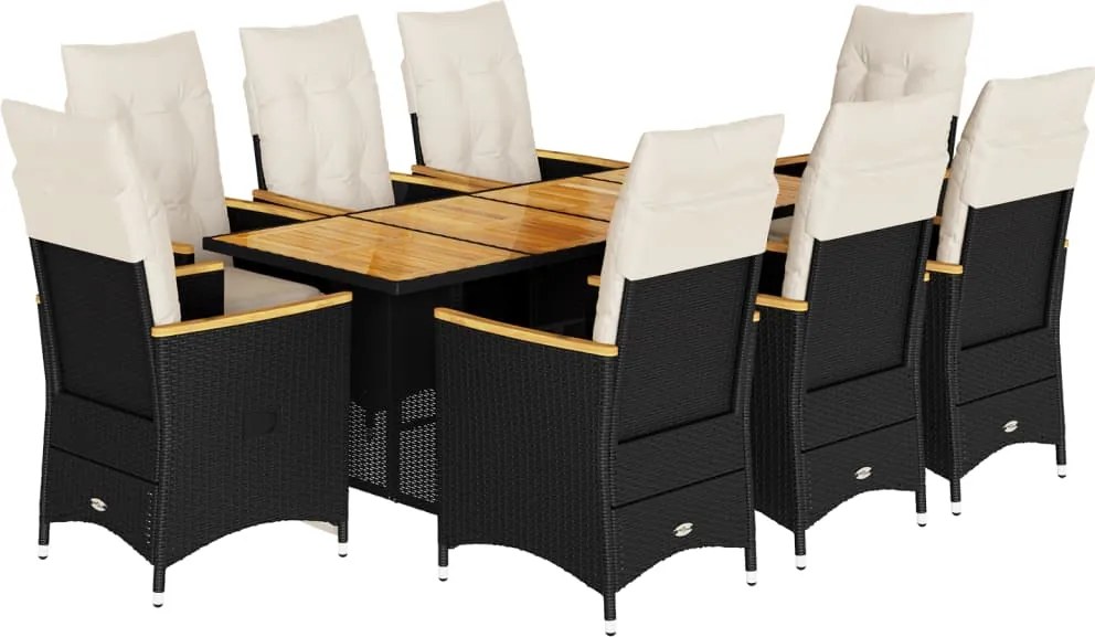 vidaXL 9 részes fekete polyrattan kerti bisztrógarnitúra párnákkal
