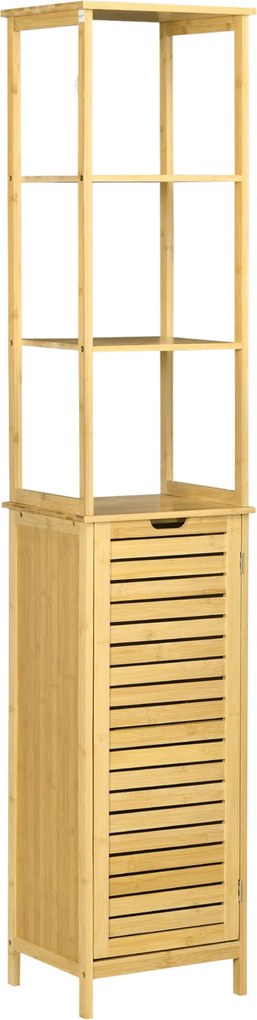kleankin Fürdőszoba Szekrény Magas, 3 Nyitott Polccal és 1 Szekrénnyel, Bambusz Tároló Szekrény Fürdőszobába, Nappaliba 34 x 30 x 173 cm Természetes |