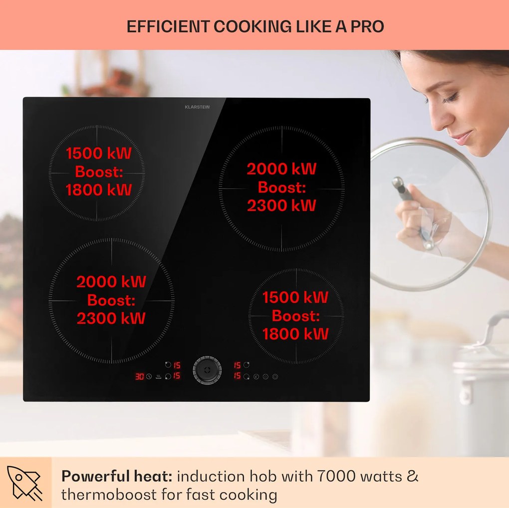 Klarstein Magnichef 4, beépített indukciós főzőlap, 7000 W, 4 zóna, üvegkerámia