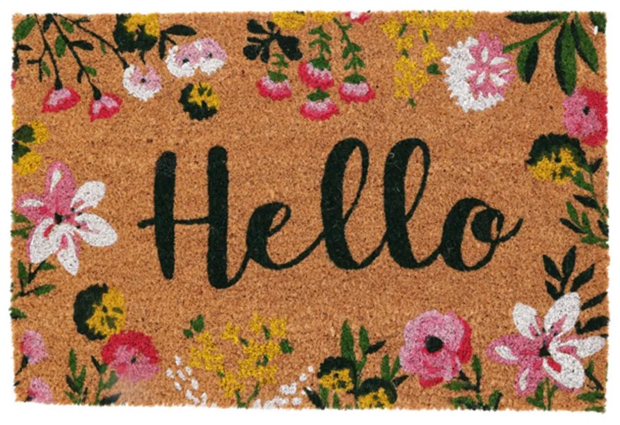 Hello Kókuszrost természetes lábtörlő, 39 x 59 cm, virág mintás