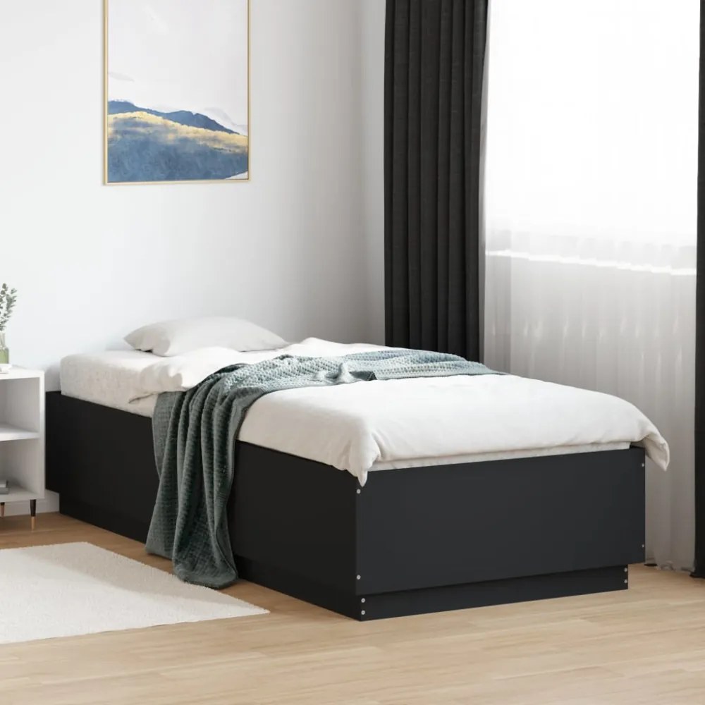 fekete szerelt fa ágykeret LED-világítással 90 x 200 cm