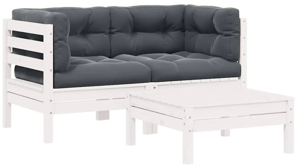 vidaXL 3 részes fehér tömör fenyőfa kerti ülőgarnitúra párnákkal