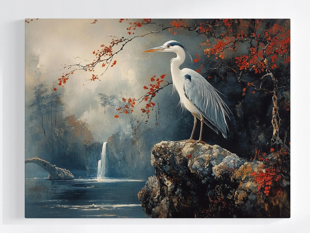 Vászonkép Canvas Madár Kócsag Tájkép Vízesés Ősz Ázsia 80x60