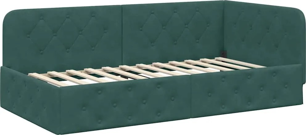 vidaXL Sarokágy keret fejtámlával Sötétzöld 90 x 190 cm Bársony