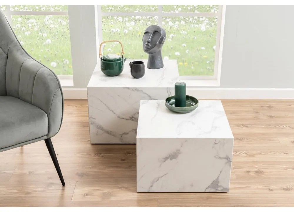 Fehér dohányzóasztal szett márvány dekorral, 2 db-os 58x58 cm Dice – Actona
