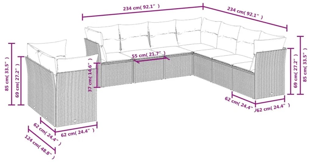 9 részes szürke polyrattan kerti ülőgarnitúra párnákkal