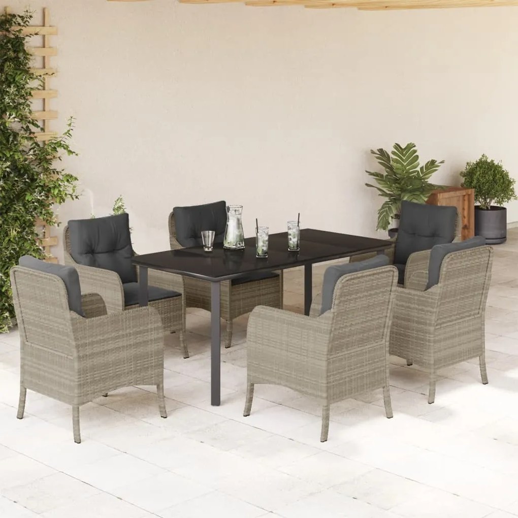 7 részes világosszürke polyrattan kerti étkezőszett párnával