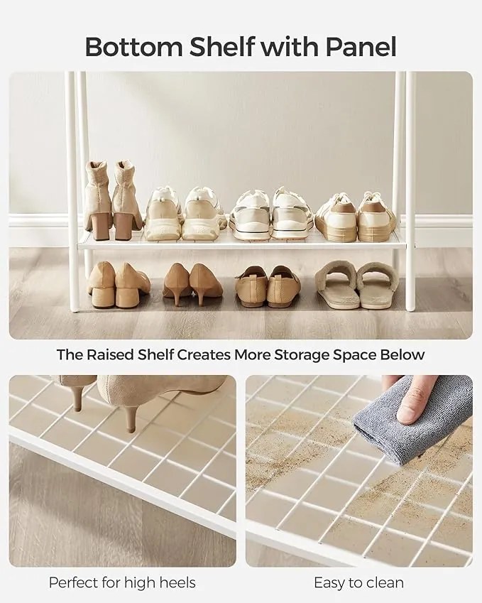 Ruhatartó állvány akasztórúddal és polccal, 33,5 × 92,5 × 153 cm, fehér színben