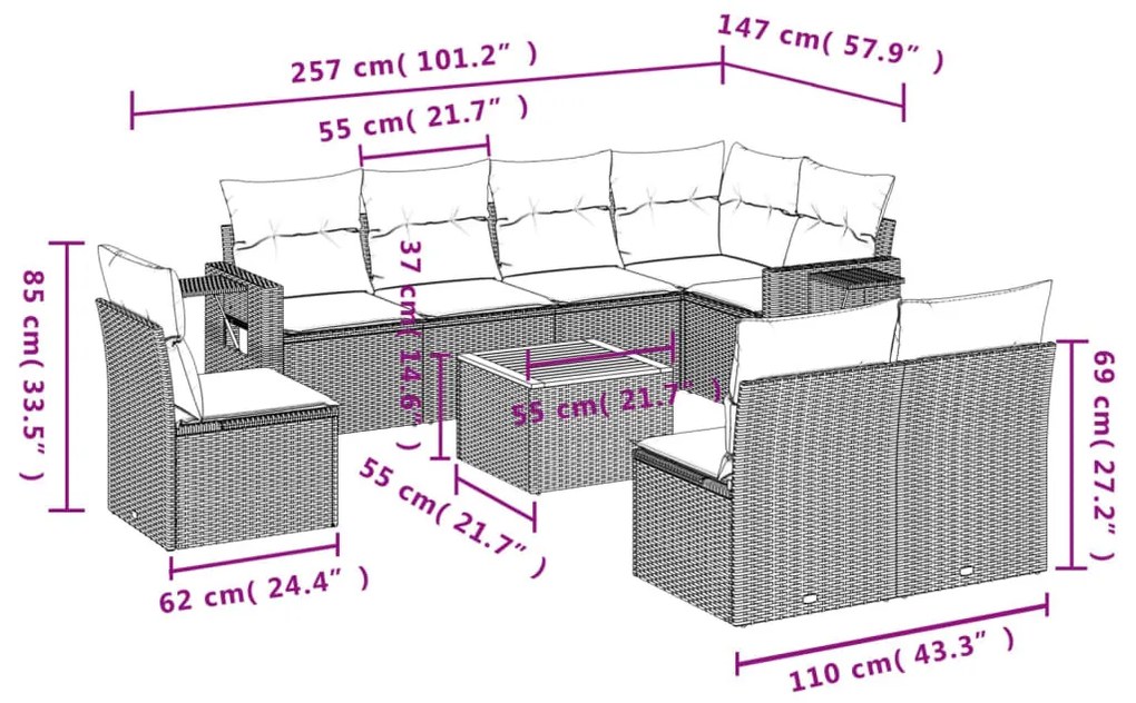 9 részes fekete polyrattan kerti ülőgarnitúra párnákkal