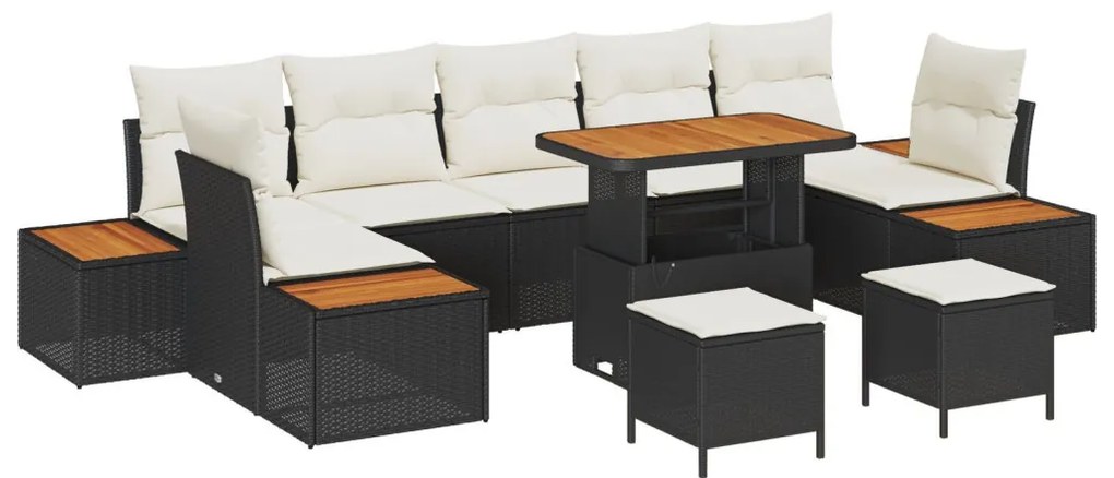 10 darabos kerti kanapé szett párnákkal Fekete Poly Rattan Akácia, 3 darabos kerti étkező szett párnákkal Fekete Poly Rattan Akácia