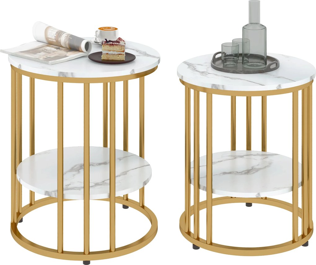 HOMCOM Kerek Kávézó Asztal 2-Darabos Készlet Oldal Asztal Polccal, Acél Váz, Márvány Hatású Kávézó Asztal Nappaliba és Hálószobába Fehér | Aosom