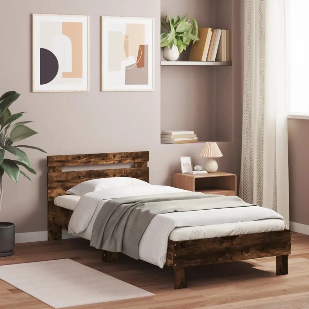 füstös tölgy színű szövet ágykeret fejtámlával 75x190 cm