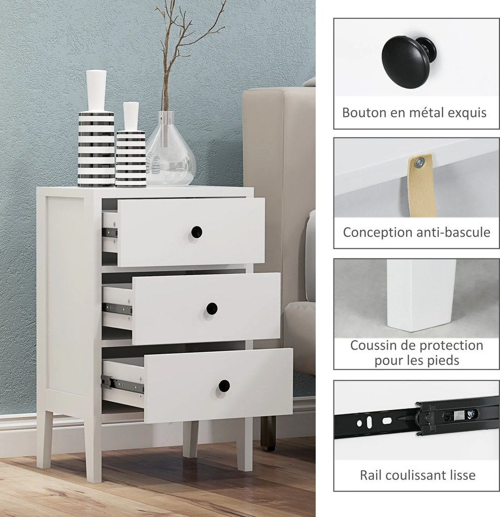 HOMCOM 2 darabos éjjeli szekrény szett, 3 fiókkal, fehér fából készült, dimenzió: 40L x 30W x 64H cm | Aosom