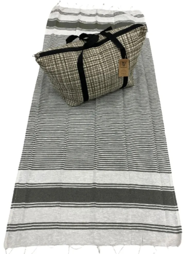 Stílusos strandtáska készlet + HAMAM törölközők 75x150 cm, khaki
