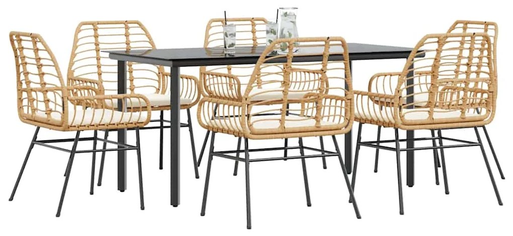 vidaXL 7 észes barna polyrattan üveg kerti étkezőgarnitúra párnával