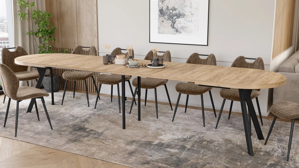 Mazzoni Ovális bővíthető étkezőasztal EXPANSO Craft Arany Tölgy / fekete lábak