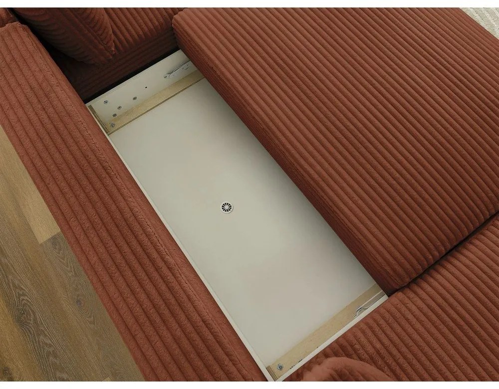 Téglavörös kordbársony kinyitható-tárolóhelyes sarokkanapé (jobb oldali-U alakú) Lucien – Bobochic Paris