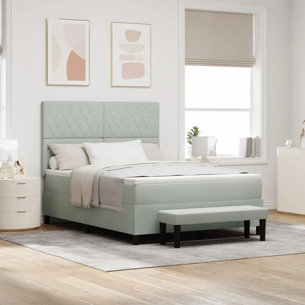 Box Spring Ágy Matraccal és Paddal Világosszürke 140x190 cm Bársony