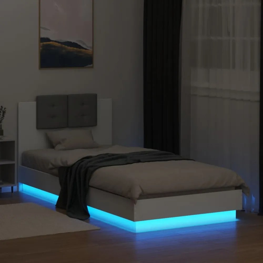 fehér ágykeret fejtámlával és LED-világítással 100 x 200 cm