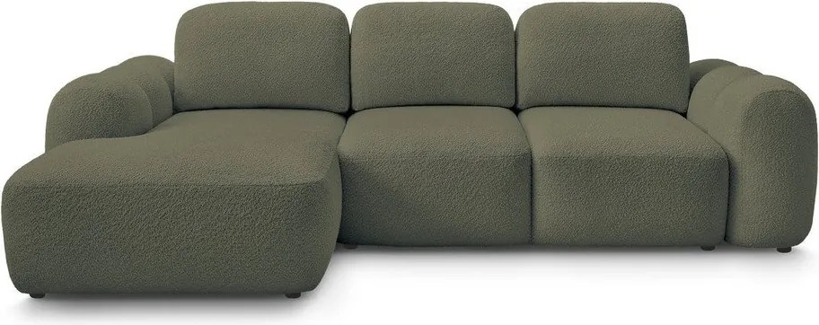Zöld buklé kinyitható-tárolóhelyes sarokkanapé (bal oldali-heverő résszel) Montaigne – Bobochic Paris