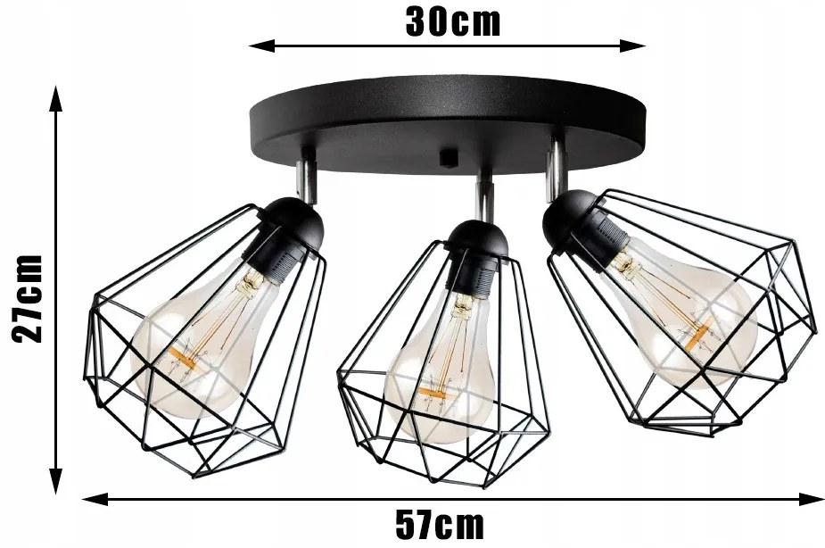 Glimex Diamond drót búrás állítható mennyezeti lámpa fekete 3x E27