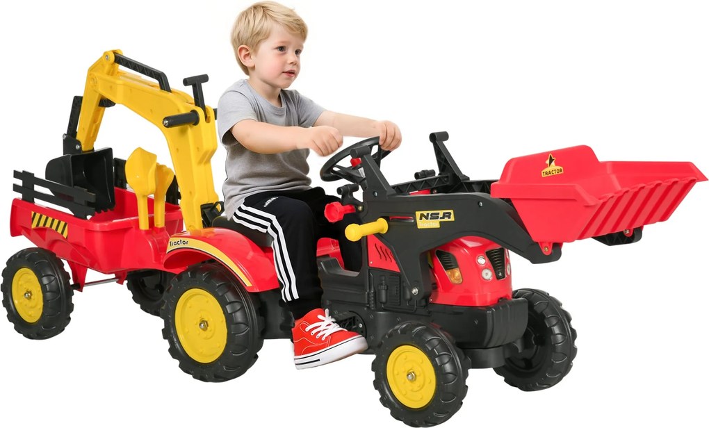 HOMCOM Pedálos Traktor Trailer-rel, Homlokrakodóval, Állítható Lapáttal, Traktorként Használható Játék 3 Éves Kortól, Piros | Aosom