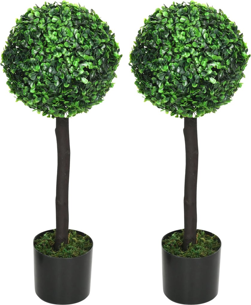 HOMCOM 2 db Dekoratív Műnövény Szett 60 cm Boxwood Gömbfák Virágcserepekben Műnövények Belső és Külső Dekorációhoz Ø20x60 cm Zöld | Aosom