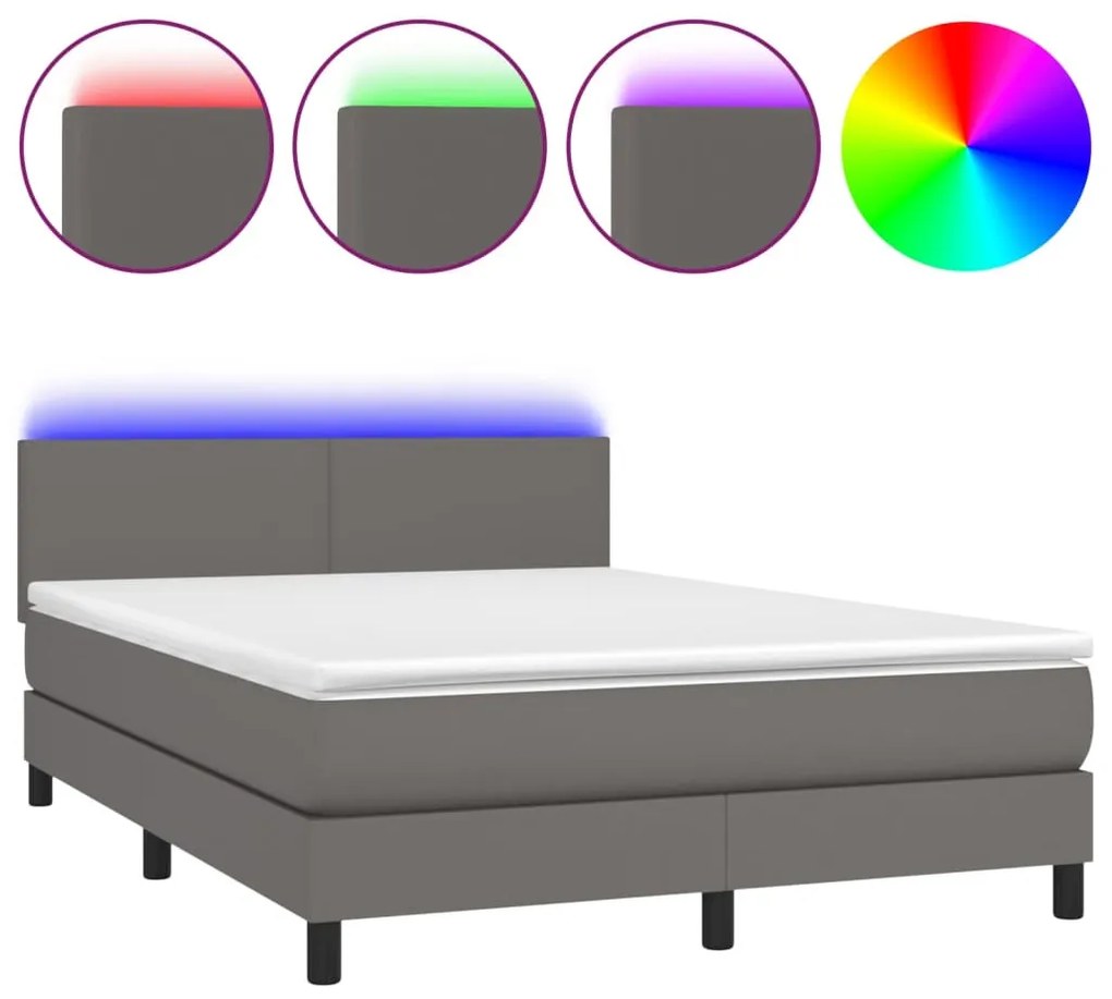 szürke műbőr rugós ágy matraccal és LED-del 140x190 cm