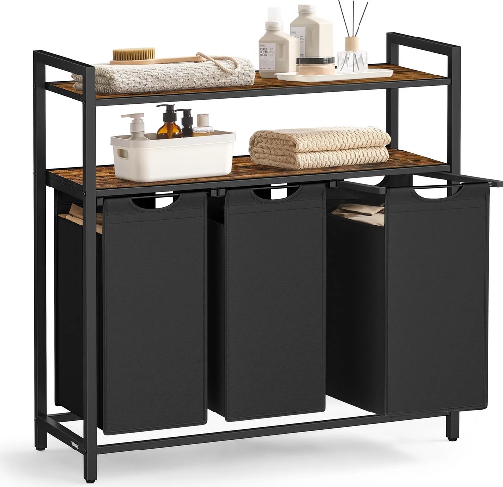 Szennyesszortírozó, szennyeskosár 3 kihúzható és kivehető zsákkal, 3 × 40 L, barna és fekete