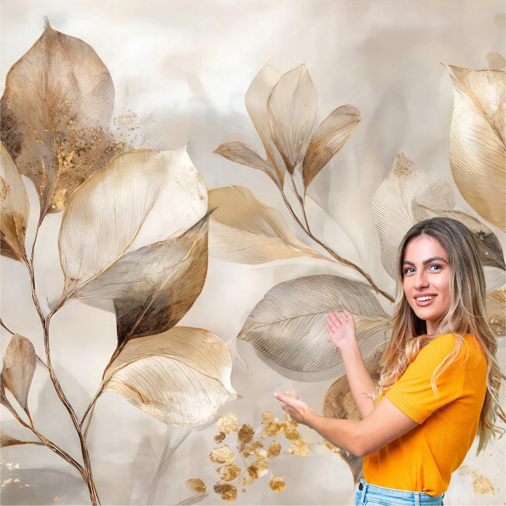 Fotótapéta Nappali Hálószoba Levelek Absztrakt Arany Bézs 392x260 LAZB01W