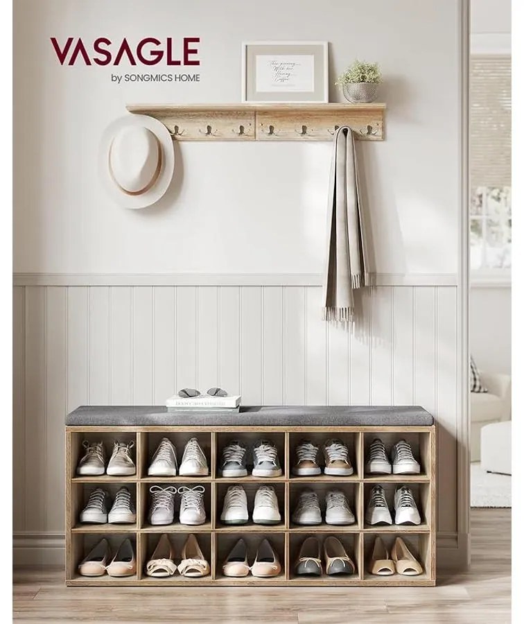 VASAGLE Cipőtartó pad, cipőpolc ülőfelülettel, 30×105×48 cm, türkizbarna–szürke