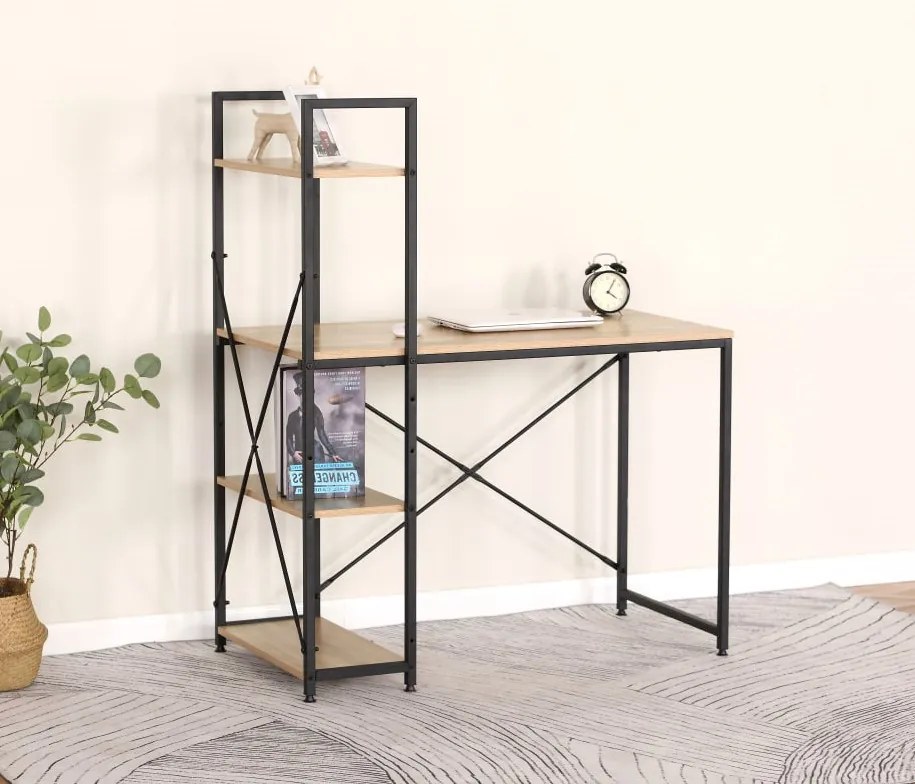 Polcos íróasztal / számítógépasztal 100×52 cm, masszív fém vázzal, fekete–sonoma tölgy – Intenso Home