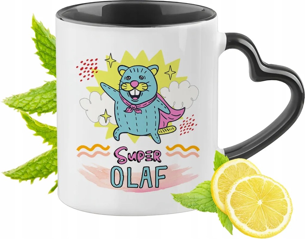 Fekete bögre szív alakú füllel Olaf számára Ideális Ajándék