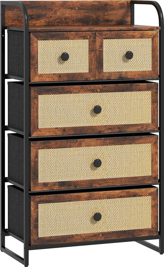 HOMCOM Anyag Fiókos Szekrény 5 Hajtható Anyag Fiókkal Rattan Elülső Résszel és Acél Karral, Fiókos Szekrény Hálószobába vagy Nappaliba - Rusztikus Bar