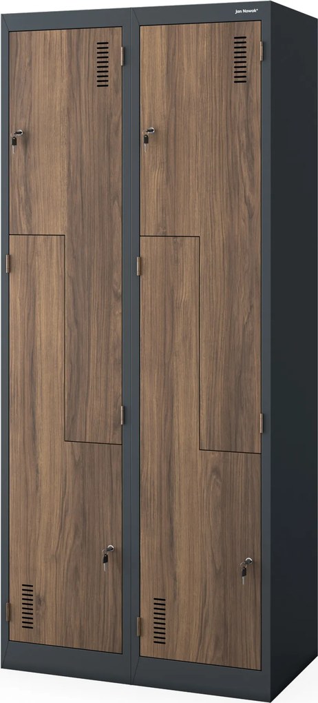 L típusú, négyrekeszes szociális ruhaszekrény, antracit/dió, 800x1850x450 mm: JULIA Eco Design