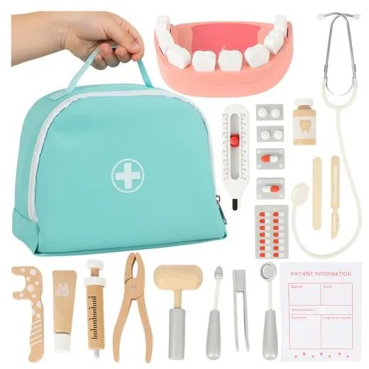 Fogorvos oktató játékkészlet orvosi táskában gyermekek számára, 24 részes, kiegészítőkkel, pasztell színű 