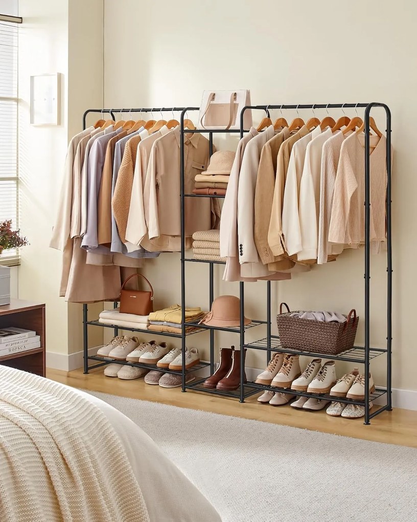 Ruhatartó állvány rúddal és polcokkal, fém kabáttartó, matt fekete