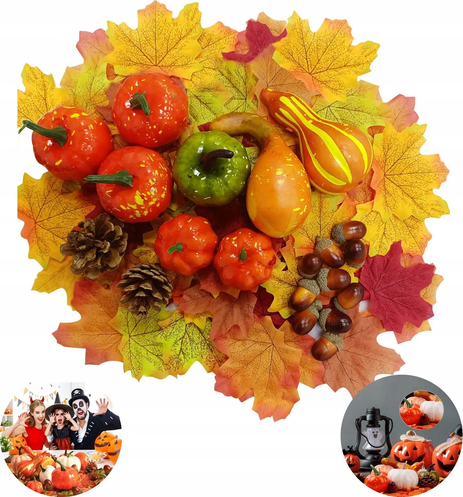 50x Mesterséges Levelek Tökök Makk Őszi Dekoráció Halloween Szett