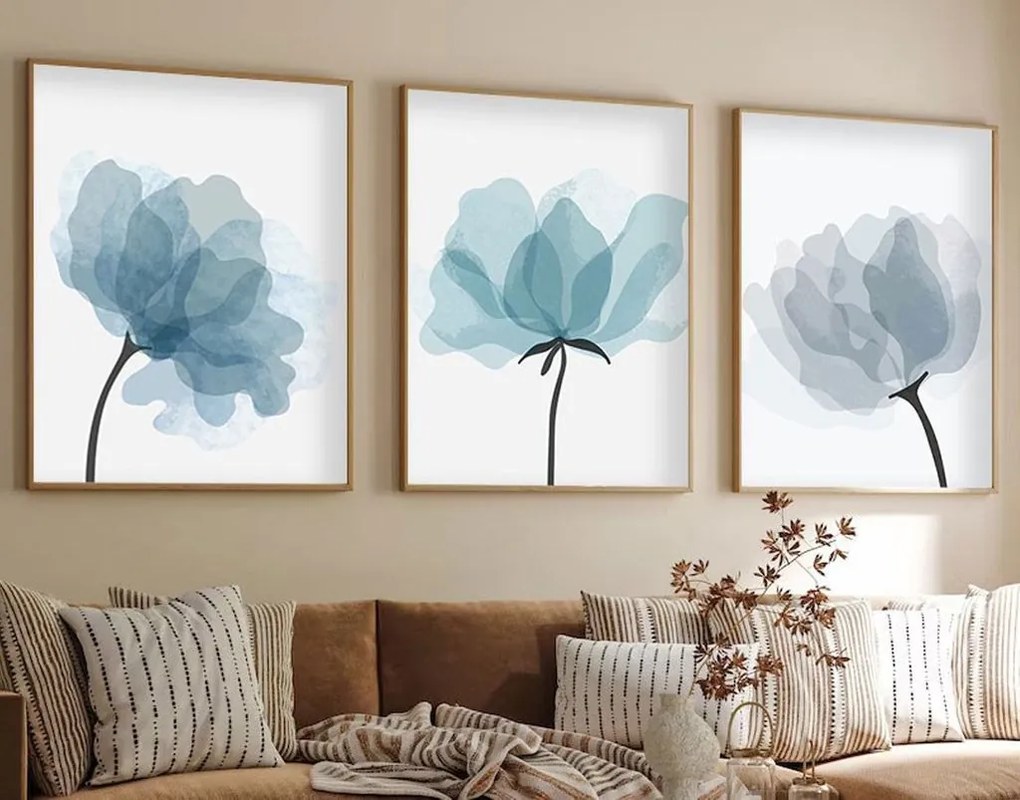 Falikép szett, 3 db, virágok, kék - fekete, 50x70 cm - TRIO