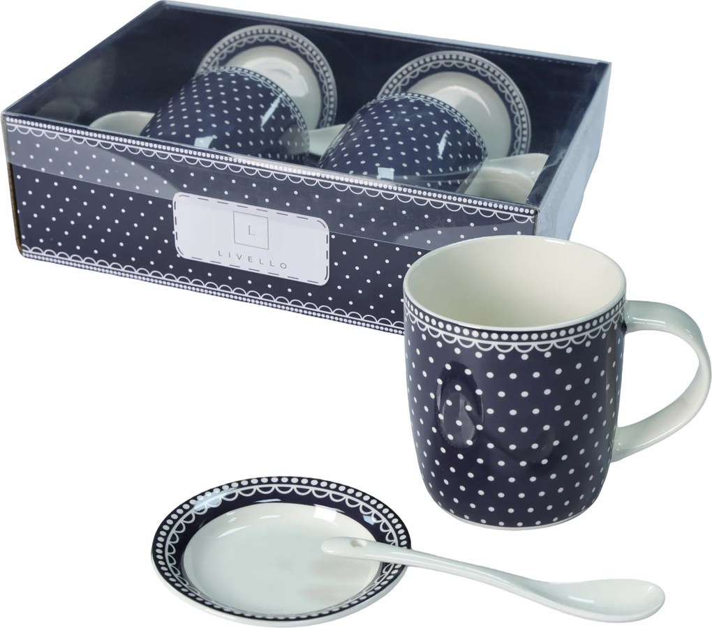 2 db-os porcelán bögre szett ajándék 340 ml Livello csészealj kanál pöttyök