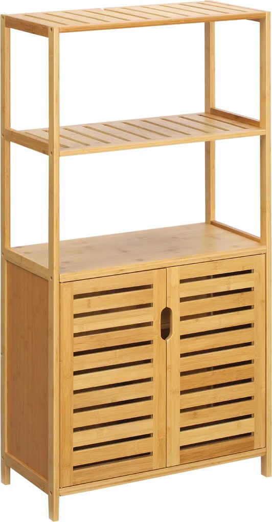 Kleankin Fürdőszoba Szekrény 2 Nyitott Polccal és 2 Ajtós Szekrénnyel, Helytakarékos Bambusz Szekrény 60x30x120cm, Természetes | Aosom