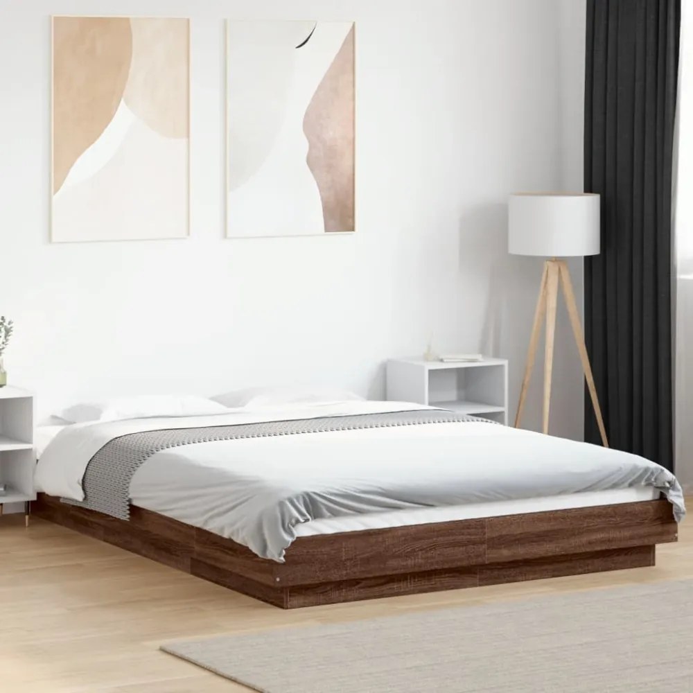 barna tölgyszínű szerelt fa ágykeret LED-del 135 x 190 cm