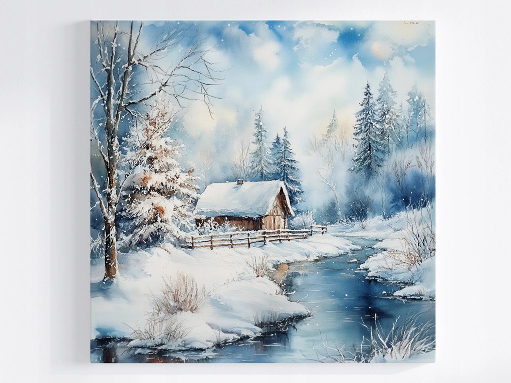 Poszter Tájkép Tél Erdő Ház Folyó Hó 80x80